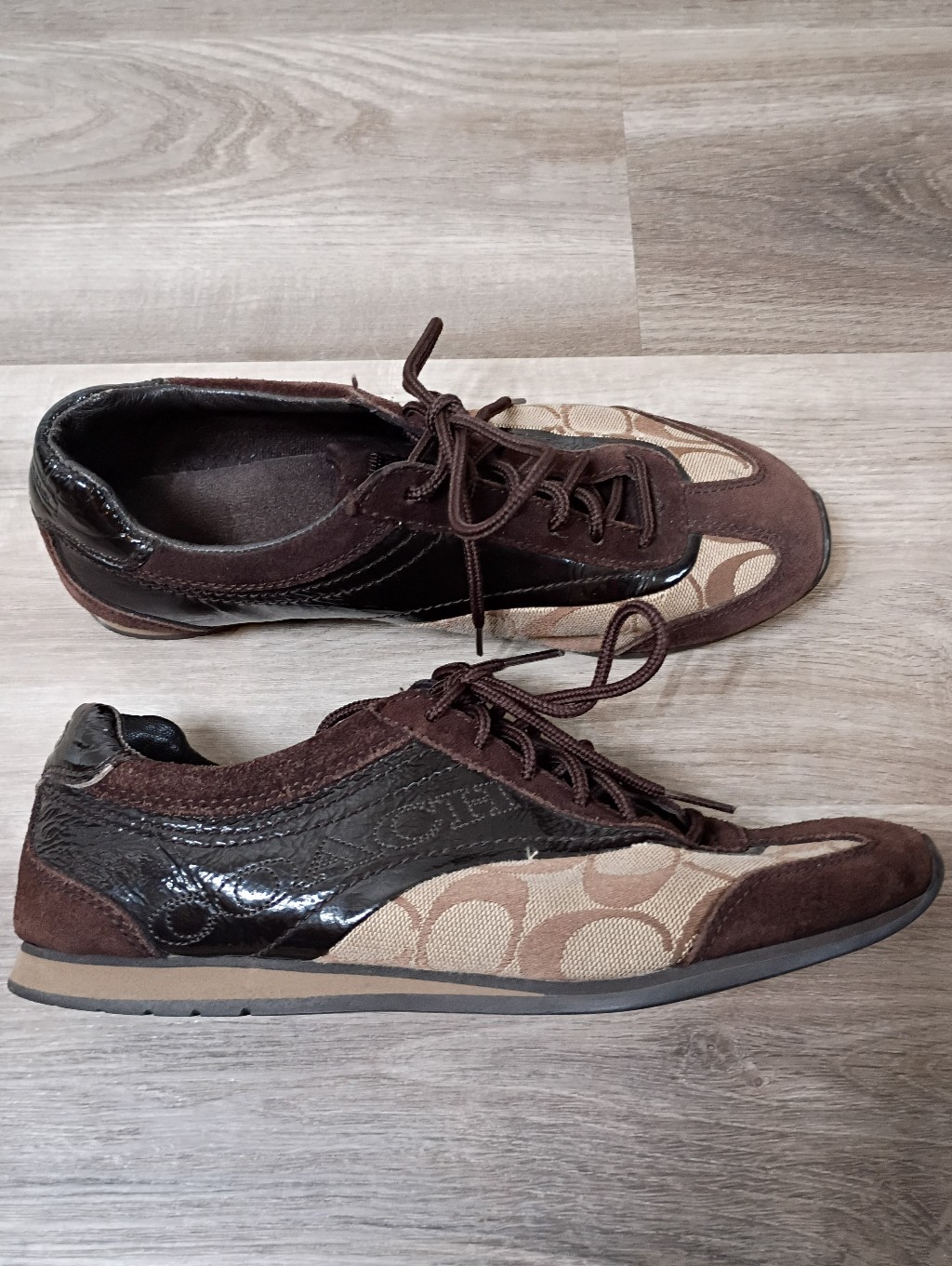 Coach Women's Kodie Brown Signature Monogram Canvas Suede Patent Leather Sneaker